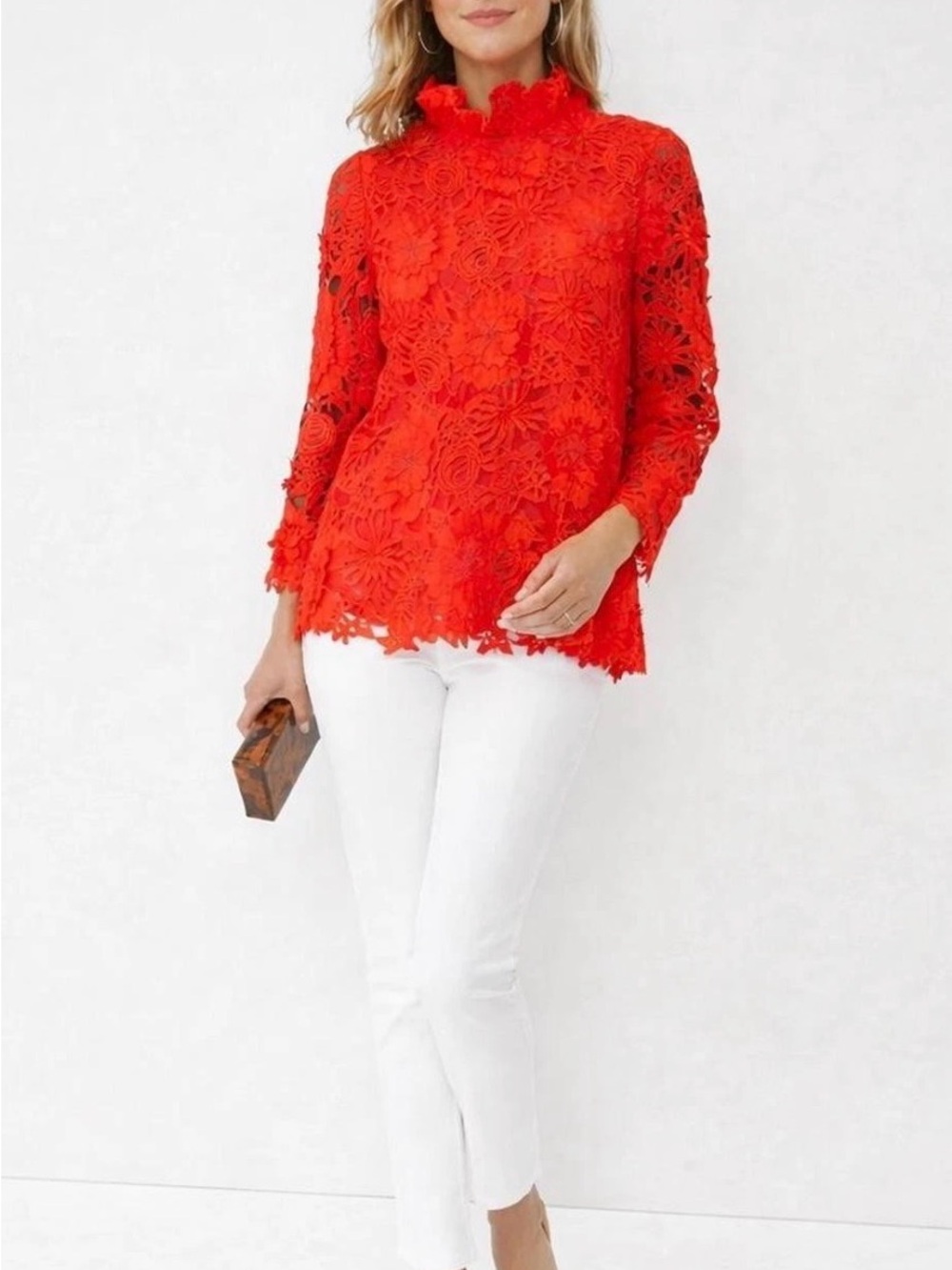 Tuckernuck Faye Red Guipure Lace Top XXS Floral Mock Neck Bow Back NWOT $228